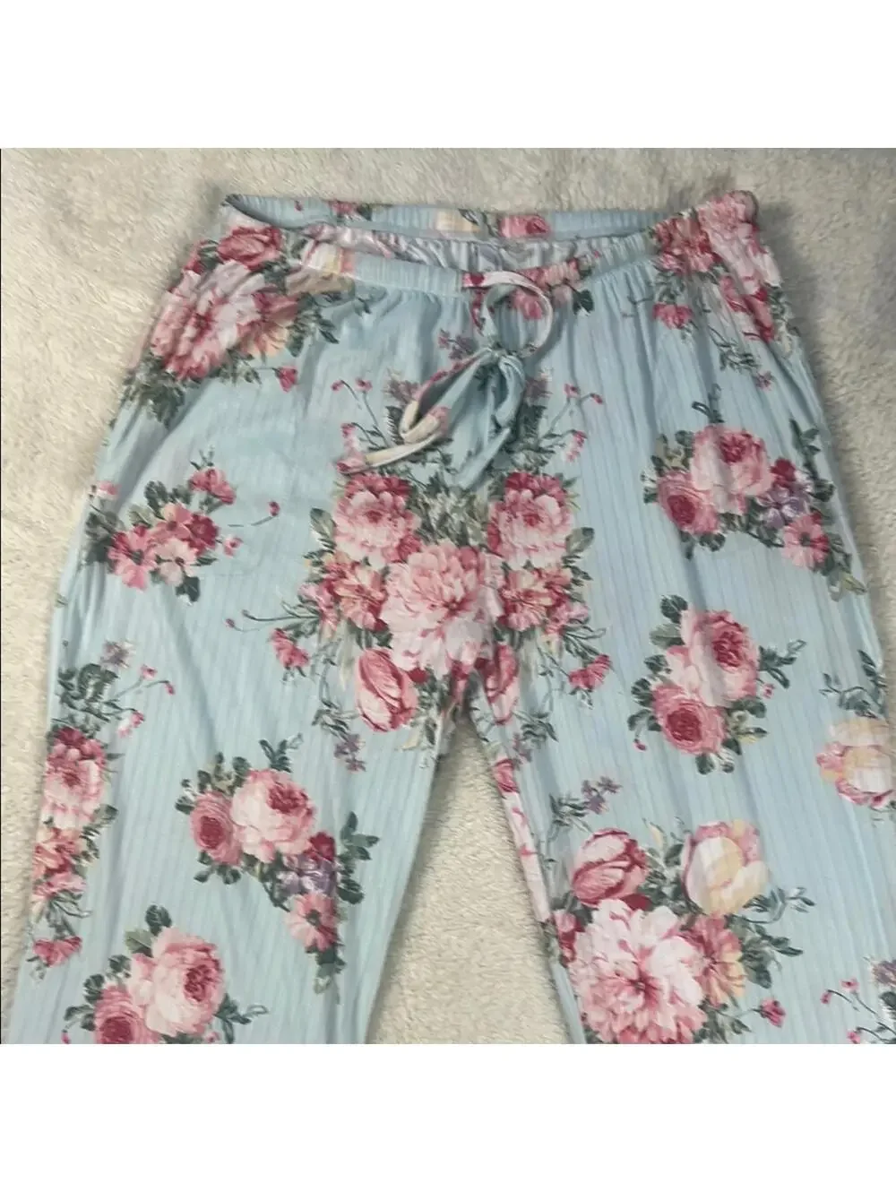 Flora Nikrooz Blue Floral Ribbed 2 Piece Pajama Set SZ Med Soft Lounge Sleepwear